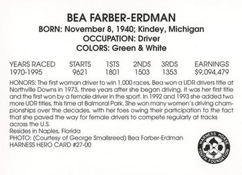 2000 Harness Heroes #27-00 Bea Farber-Erdman Back